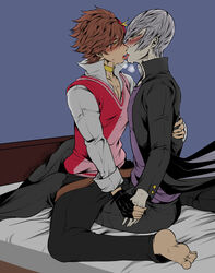 2boys barefoot bed blush bulge clothing feet gakuran gay ishida_mitsunari_(sengoku_basara) kissing medo_kyun multiple_boys sengoku_basara shima_sakon_(sengoku_basara) sitting sweat sweater_vest toes yaoi