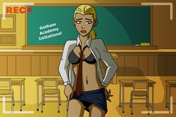 artemis_crock badassk9 bra classroom dc earth_16 embarrassed humiliation open_shirt panties pointy_chin recording school school_uniform skirt_lift young_justice