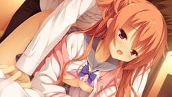 1boy all_fours areolae bed blush bra bra_lift breasts clothed_sex doggy_style female game_cg highres inaba_meguru kobuichi legs long_hair looking_at_viewer muririn nipples no_panties open_clothes open_mouth orange_hair red_eyes sanoba_witch school_uniform sex skirt skirt_lift small_breasts thighs vaginal_penetration