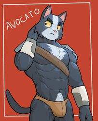 :/ abs anthro avocato bara bulge chest_tuft felid feline final_space furry hand_behind_head jrjresq looking_away male_focus male_only muscular_male pecs pubic_tuft red_background simple_background solo_male speedo standing tail thick_eyebrows underwear yellow_sclera