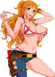 :p arm_behind_head asymmetrical_clothes bikini bracelet breasts brown_eyes cutoffs earrings female female_only hanzaki_jirou holster jeans jewelry large_breasts log_pose long_hair nami navel nipples one_piece orange_hair panties post-timeskip simple_background solo swimsuit thong tongue underwear undressing white_background