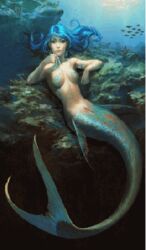 animated blue_hair breasts fin janaschi lowres mermaid monster_girl mythology pearl_necklace pussy scales underwater