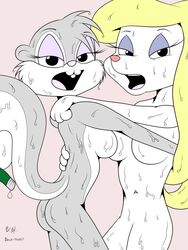 animaniacs anthro ass black-husky breasts color female female_only fur furry interspecies minerva_mink mink multiple_females nude slappy_squirrel squirrel tagme wet yuri