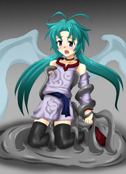 1boy blue_hair blush bulge choker clothed_sex effect_veiler implied_sex penis_grab penis_under_clothes pigtails slime tentacle tentacle_on_male tentacle_sex thighhighs trap yu-gi-oh!