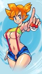 areola_slip areolae bad_id bellend blue_eyes breasts female female_only gym_leader holding holding_poke_ball human human_only large_breasts misty_(pokemon) nintendo nipple_slip open_fly orange_hair pointing poke_ball pokemon pokemon_rgby pussy short_hair shorts side_ponytail solo suspenders uncensored underboob unzipped