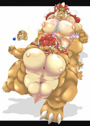 areola bowser breasts crown erect_nipples female_bowser horns kamek mario_(series) monster_girl nintendo nipples princess_peach pussy spiked_shell tears transformation utsuo-kami