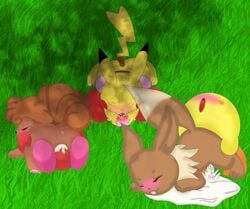 3boys 3girls 69 crossover eevee facesitting fur furry_tail keeby kirby kirby_(series) multiple_tails nintendo pikachu pokemon pokemon_(species) tail vulpix