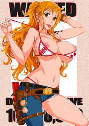 :p arm_behind_head asymmetrical_clothes bikini bracelet breasts brown_eyes cutoffs earrings female female_only hanzaki_jirou holster jeans jewelry large_breasts log_pose long_hair nami navel nipples one_piece orange_hair panties post-timeskip solo swimsuit thong tongue underwear undressing wanted wanted_poster