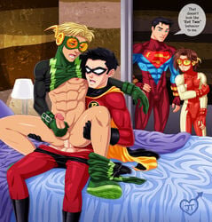 4boys anal bart_allen batman_(series) bed conner_kent dc dc_comics gay impulse inertia jaytee kon-el male male_only masturbating_while_penetrated on_lap penis red_robin robin_(dc) robin_(tim_drake) sex superboy superboy_(conner_kent) teen_titans thaddeus_thawne tim_drake yaoi young_justice