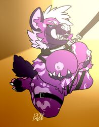 anthro big_breasts bondage_gear breasts collar eda female hyena kneeling leash licking licking_lips looking_at_viewer mammal nipples pussy solo submissive thick_thighs tongue tongue_out