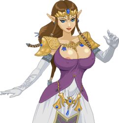 1girls areola_slip big_breasts blue_eyes breasts brown_hair cleavage crown curvy dress female female_only gloves huge_breasts hylian large_breasts light-skinned_female light_skin lips lipstick long_hair nintendo nipple_bulge nipple_slip nipples no_bra pixel_art princess princess_zelda red_lipstick solo tagme the_legend_of_zelda tiara transparent_background twilight_princess warnerc zelda_(twilight_princess)