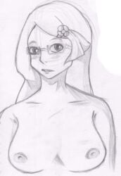 blush breasts female female_only fennel_(pokemon) front_view glasses human monochrome nipples nude pokemon pokemon_bw solo tagme