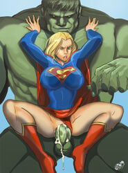 1boy 1girls angry annoyed blonde_hair blue_eyes boots breasts cape crossover cum cum_drip cum_in_pussy dc female green_skin huge_breasts hulk hulk_(series) leotard leotard_aside long_hair male marvel penis questionable_consent rape sex size_difference skin_tight skirt_lift spread_legs supergirl superhero superman_(series) tinkerbomb upright_straddle vaginal_penetration