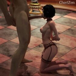 2k_games 3d animated arms_behind_back bioshock bioshock_infinite cherizen collar elizabeth_comstock faceless_male fellatio female fishnet_stockings kneeling nipples penis stockings