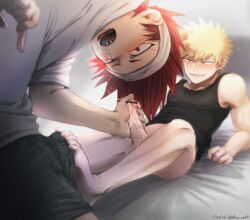 2boys barefoot blonde_hair blush bulge crotch drooling eijirou_kirishima erection erection_under_clothes feet footjob footjob_over_clothes gay grin handjob katsuki_bakugou lifting male male/male male_only multiple_boys my_hero_academia open_mouth penis_grab red_hair saliva sharp_teeth sitting sweat testicles toes tongue underwear wince yaoi