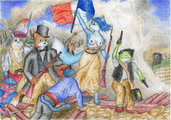 anthro bandana bayonet blue_fur breasts cat color day fara_phoenix female fine_art_parody flag fox fox_mccloud french_revolution fur furry furry_breasts furry_tail grey_fur gun hat holding holding_gun holding_sword interspecies katt_monroe krystal liberty_leading_the_people male multiple_boys orange_fur outdoors panther panther_caroso peppy_hare pistol public_domain rabbit rifle sinaherib slippy_toad star_fox sword tail toad top_hat weapon white_fur wolf wolf_o'donnell