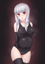 1girls blush breasts female glasses hachimitsu-b heidimarie_w_schnaufer huge_belly large_breasts long_hair milf one-piece_swimsuit pregnant ready_to_pop red_eyes silver_hair stockings strike_witches swimsuit thighhighs white_hair