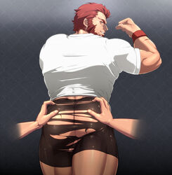 2boys ass ass_grab balls butt butt_grab fate/zero fate_(series) flexing grabbing iskandar_(fate) male male_only rider ripped_clothing solo_focus t-shirt tagme torn_clothes yaoi