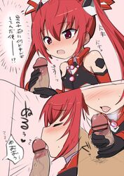 blush canon_genderswap clothing fellatio female female_focus long_hair male mitsuka_souji okayu_(deleted) oral ore_twintail_ni_narimasu penis red_eyes red_hair rule_63 tail_red text tied_hair tongue translation_request twintails