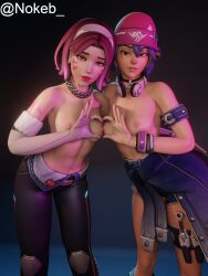 2girls 3d antifragile_dazzle antifragile_kira-kira black_choker blizzard_entertainment breasts choker d.va female female_only hana_song headphones headphones_around_neck kiriko_(overwatch) kiriko_kamori le_sserafim multiple_girls nail_polish nokeb overwatch overwatch_2 purple_hair