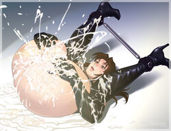 1girls azasuke black_lagoon black_legwear bondage broken bukkake cum cum_covered cum_explosion cum_on_ass cum_overflow cum_pool excessive_cum female female_only latex_boots latex_gloves revy solo spread_legs spread_pussy spreader_bar tattoo