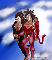 1993 2boys aqua_eyes artist_name balls boner dragon_ball dragon_ball_gt erection feet flaccid foreskin gay grabbing_penis long_hair looking_at_another looking_at_partner male male_only multiple_males naked nipples nude nude_male penis penis_grab penis_size_difference pubic_hair red_eyeshadow red_fur red_tail serious shiny shiny_fur shiny_hair shiny_skin shounen_jump simple_background son_goku spiky_hair straight_hair super_saiyan_4 tail testicles toes toshio_arisugawa_'93 vegeta yaoi yellow_eyes