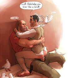 anal_penetration anal_sex archimedes archimedes_(team_fortress_2) avian balding bird birds black_hair blue_eyes bottomless dove doves erection facial_hair gay glasses heavy_weapons_guy male medic motion_lines multiple_males pants_down pigeon riding_penis shaved_head shirt_up sweat team_fortress_2 yang yangpuppy yaoi