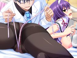 areolae ass blush breasts breasts_out cameltoe clothing doctor female game_cg glasses hairband hideshima_rinko highres honoo_no_haramase_motto!_hatsuiku!_karada_sokutei_2 huge_breasts lactation long_hair looking_back lying nipples on_stomach open_clothes open_mouth panties panties_under_pantyhose pantyhose purple_hair spread_legs tape_measure underwear yellow_eyes yuibi