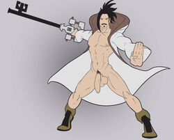 1boy abs artist_request balls ballsack bara big_pecs big_penis black_hair boots bottomless casual dangling_testicles disney facial_hair flaccid_penis footwear foreskin grey_background hanging_penis holding_object human human_only intact keyblade kingdom_hearts kingdom_hearts_birth_by_sleep light-skinned_male light_skin long_foreskin low_hanging_balls male male_nipples male_only male_pubic_hair manly masculine master_eraqus mostly_nude_male muscles muscular muscular_male muscular_thighs mustache open_robe outerwear pecs pectorals penis penis_out robe scrotum smooth_skinned_male solo soul_patch square_enix standing testicles tied_hair topwear uncut unretracted_foreskin veiny_penis weapon white_robe
