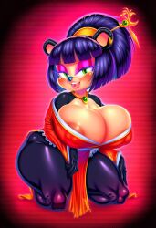 ai ai_generated animal_ears animal_nose areola_slip bangs blue_hair blunt_bangs blush breasts cleavage covered_nipples eyeliner eyeshadow female female_only full_body furry furry_female gradient gradient_background green_eyes hair_ornament hair_stick hand_on_own_thigh huge_breasts japanese_clothes jewelry kimono kneeling kurohana_the_panda lips lipstick long_sleeves looking_at_viewer makeup mongrealai necklace oc open_mouth original_character outline panda panda_ears red_background shiny short_hair smile solo sonic_(series) sonic_the_hedgehog_(series) teeth thick_thighs thighs tongue