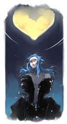 blue_hair bottomless cum diabolism disney human kingdom_hearts long_hair male male_only navel nobody_(kingdom_hearts) open_clothes open_mouth open_shirt outerwear riding saix scar square_enix toujou_sakana yaoi