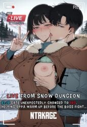 1boy 1girls ai_generated blush breast_grab breasts breasts_out english_text flustered han_song-yi handsome hi_res highres licking licking_face livestream looking_at_viewer medium_breasts netorare ntrkage older_male one_breast_out oppa patreon patreon_username recording saliva saliva_drip saliva_string saliva_trail selfie slim_waist solo_leveling sung_jin_woo text v v_sign younger_female