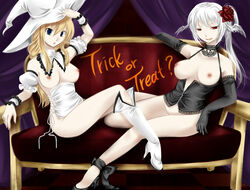 2girls agrias_oaks armband bare_shoulders blonde_hair blue_eyes boots breasts choker elbow_gloves female final_fantasy final_fantasy_tactics final_fantasy_tactics_(original) flower gloves hal_(haruna) hal_(pixiv53536) halloween hat head_wings headwings high_heels long_hair multiple_girls nipples red_eyes rose seat shoes silver_hair sitting ultima_(fft) witch_hat