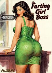1girls about_to_fart ai_generated bbw big_ass brunette caption chubby_female dialogue female female_focus female_only green_dress huge_ass milf phizben pulp_magazine red_lipstick story thicc wide_hips word_balloon