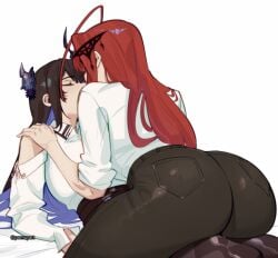 2girls ass black_hair blue_hair clothing elizabeth_rose_bloodflame fully_clothed hololive hololive_english hololive_english_-advent- hololive_english_-justice- horn jeans kissing light-skinned_female nerissa_ravencroft pomuya red_hair stockings virtual_youtuber vtuber yuri