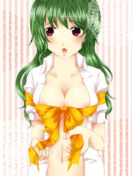 1girls areolae bow breasts cleavage female geike green_hair highres long_hair mystic_square navel nipple_slip nipples no_bra open_clothes open_shirt red_eyes ribbon shirt solo touhou youkai yuka_kazami