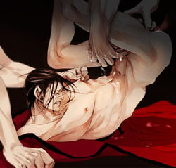 3boys abs anal black_hair capcom cape closed_eyes cum cum_on_hand cum_on_self cum_on_stomach cum_on_upper_body erect_nipples group_sex hair hideaki m_bison male missionary_position muscles nipple_tweak nipples nude pecs penis serratus_anterior solo_focus straight_hair street_fighter threesome top-down_bottom-up uncensored yaoi