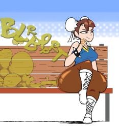 bench big_ass boots brown_hair capcom chinese_clothes chun-li fanning fanning_self fart fart_fetish farting female funkman98 gas human leg_lift sitting spiked_bracelet street_fighter thick_thighs traditional_clothes