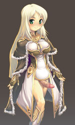 1futa blonde_hair blush boots breasts cape color erect_nipples erection fingerless_gloves futa_only futanari gloves green_eyes high_wizard high_wizard_(ragnarok_online) highres intersex jpeg_artifacts knee_boots large_breasts long_hair penis ragnarok_online see-through simple_background smile solo solo_futa uncensored veiny_penis yn_red