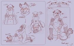 anal anal_sex animal_genitalia animal_penis anthro anus ass balls canid canine canine_genitalia canine_penis canis chastity_bulge chastity_device churroshiba clothed clothing curled_tail dialogue domestic_dog duo ejaculation english_text erection genitals hi_res male male/male mammal mustelid nude null orgasm_denial otter pawpads penetration penis sex shiba_inu spitz tail text