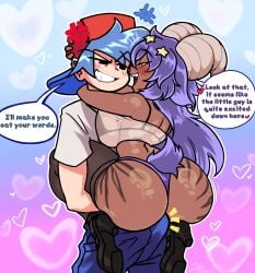 big_ass big_breasts big_hair big_thighs blue_hair boyfriend_(friday_night_funkin) cheating commission dark_skin dialogue friday_night_funkin friday_night_funkin_mod halfgalaxy horns oc ocxcanon original original_character semi_nude short_girl shortstack thighhighs white_short white_skin