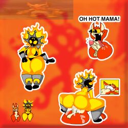 1boy 1girls activision bikini boogieworm42 cowgirl cum_in_pussy elemental_creature elemental_humanoid femboy fire shortstack skylanders skylanders:_swap_force smolderdash thick_thighs thighs_bigger_than_head trigger_happy_(skylanders)