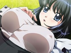 black_hair blue_eyes blush breasts clothing erect_nipples erect_nipples_under_clothes gipsy_underground huge_eyes lying maid medium_breasts outdoors outside siesta zero_no_tsukaima