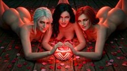 3girls ai_generated ass black_hair breasts bubble_butt cd_projekt_red ciri completely_nude female female_only green_eyes heart_symbol juliensecond light-skinned_female light_skin looking_at_viewer lying lying_on_stomach mascara nipples nude purple_eyes red_hair scar the_witcher_(series) the_witcher_3:_wild_hunt triss_merigold valentine's_day white_hair yennefer