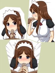 :>= blue_eyes blush brown_hair censored clothing cum dark-skinned_male dark_skin erect_nipples erect_nipples_under_clothes fellatio handjob hiyorimi_sawawa interracial kaibutsu_oujo large_breasts long_hair maid male oral shinryoku