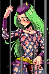 1futa breasts female_anasui futa_only futanari green_hair human intersex jail jojo's_bizarre_adventure light-skinned_futanari light_skin long_hair narciso_anasui pink_hair pixel_art prison riko_(artist) rule_63 shounen_jump solo stone_ocean yellow_eyes