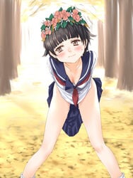 1girls blush bottomless breasts cleavage erect_nipples face female flower hair_flower hair_ornament head_wreath highres kanda_aya leaning_forward no_panties pussy_juice school_uniform short_hair solo sweat to_aru_kagaku_no_railgun to_aru_majutsu_no_index uiharu_kazari