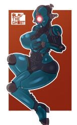 anthena assaultron belly belly_button big_ass blue_body cleavage cyclops exposed_midriff exposed_robotics fallout fallout_4 huge_ass huge_butt latex lavtheghost looking_at_viewer mechanical mechanical_arms mechanical_parts metal_parts metallic_body one_leg_raised one_leg_up pin_up red_eyes robot_girl robot_humanoid robot_joints shining_eyes shiny_body squeezing squeezing_breasts thick_ass thick_legs thick_thighs thighs three_fingers