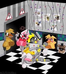 2_heads age_difference animatronic anthro avian balls beak belly big_belly big_breasts big_nipples big_penis bird black_eyes black_sclera blush blush_lines bodily_fluids bow_ribbon bow_tie breasts brown_nipples canid canine canis caught_in_the_act checkered checkered_floor chicken clothing decoration detailed_background drawing embarrassed exposed_endoskeleton eyelashes eyeliner eyewear female five_nights_at_freddy's five_nights_at_freddy's_2 fox fur galliform genital_fluids genitals glasses grey_body grey_fur group hand_under_leg hat headgear headwear heart_symbol hi_res hybrid hyena knot lipstick lipstick_on_balls lipstick_on_body lipstick_on_face lipstick_on_penis looking_at_another looking_pleasured looking_up machine makeup male male/female mammal mangle_(broken) mangle_(fnaf) markings mask metal_tentacles metallic_body multi_head nipples older_female open_mouth penetration penis phasianid pink_nipples poster precum restrained restrained_by_tentacles robot scottgames security security_guard seductive sharp_teeth shocked slightly_chubby tail teeth tentacle throbbing throbbing_penis tongue tongue_out toy_chica_(fnaf) twisting vaginal_penetration vent warning_sign white_body white_fur white_sclera wire withered_chica_(fnaf) wolf wrapped_arms yellow_body yellow_eyes yellow_fur yellow_penis zo_(zoyeensadart) zoyeensadart