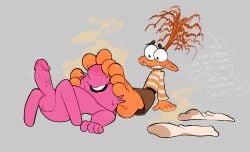 anthro anxiety_(inside_out) blush bodily_fluids dialogue discarded_socks dominant dominant_female duo emotion_(inside_out) erection feet female foot_fetish foot_focus foot_on_face foot_sniffing genitals hi_res lying male male/female musk musk_cloud musky_feet nervous on_back open_mouth orange_body penis pink_body simple_background smelly smelly_feet smelly_socks smile sniffing socks_removed sweat sweaty_face sweaty_feet text thought_bubble toes twistedfurby